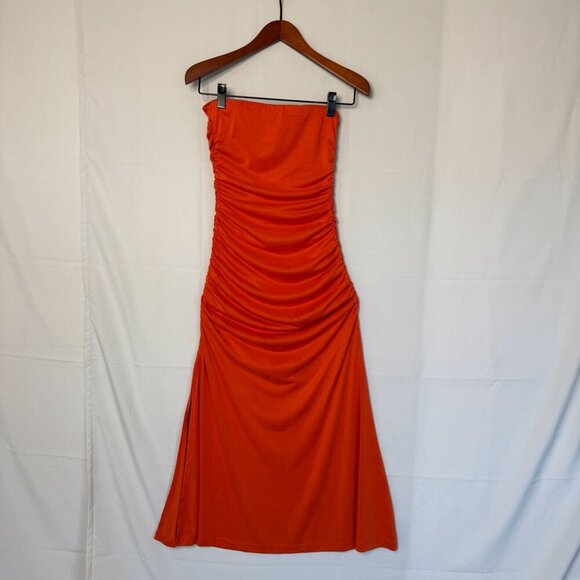 Anthropologie The Gabbie Terra Cotta Strapless Ruched Tube Midi Dress Size Small - Picture 9 of 17